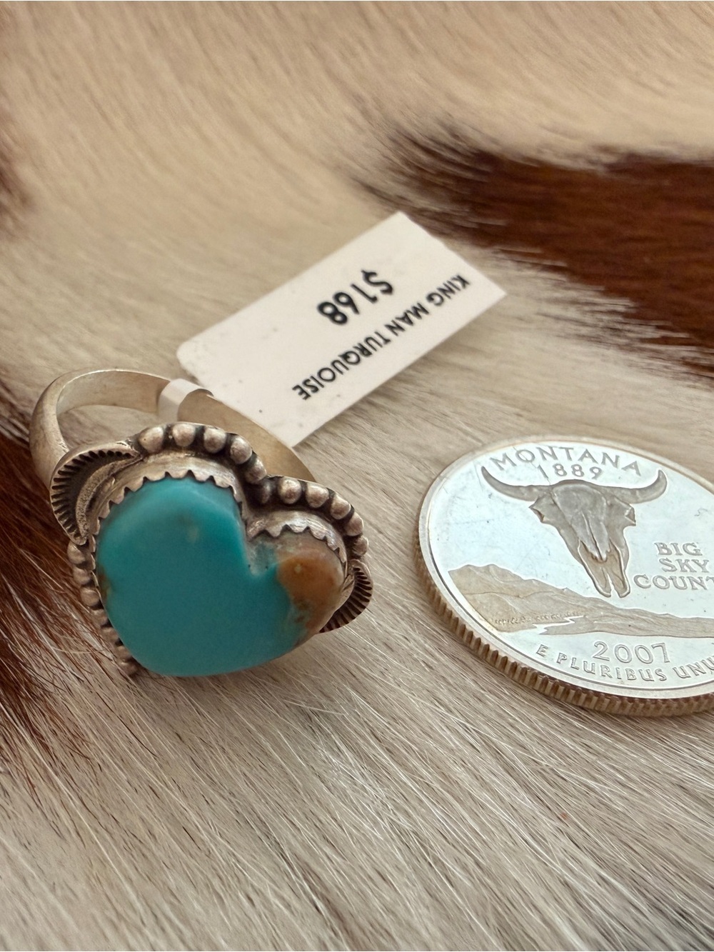❤️ Kingman Turquoise Heart Sterling Heart Shaped Navajo Style Ring Adj 6 to 9 - Picture 5 of 14